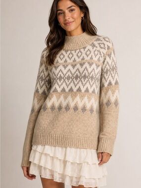 Lucky Brand Fair Isle Mock Neck Knit Sweater Beige Cream Cozy Women’s medium